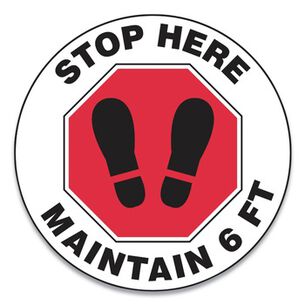 SAFETY SIGNS | GN1 MFS390ESP 17 in. Circle "Stop Here Maintain 6 ft." Footprint Slip-Gard Social Distance Floor Signs - Red/White (25/Pack)