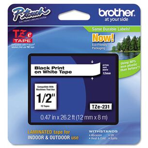 TAPES AND ADHESIVES | Brother P-Touch TZE231 0.47 in. x 26.2 ft. TZE Standard Adhesive Laminated Labeling Tape - Black on White