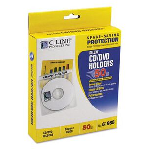 FILE FOLDERS | C-Line 61988 Deluxe Individual CD/DVD Holders with 2-Disc Capacity - Clear/White (50/Boxes)