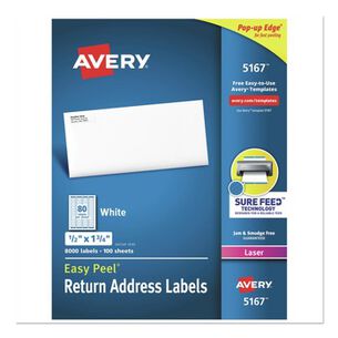 COPY AND PRINTER PAPER | Avery 05167 Easy Peel 0.5 in. x 1.75 in. Address Labels with Sure Feed Technology - White (80/Sheet, 100 Sheets/Box)