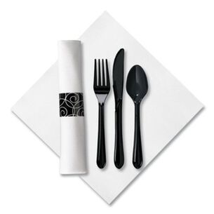 CUPS PLATES CUTLERY | Hoffmaster 119971 Pre-Rolled 8 in. x 8.5 in. Linen-Like CaterWrap Napkins with Black Cutlery (100/Carton)