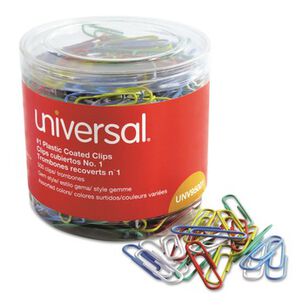PAPER CLIPS AND FASTENERS | Universal UNV95001 Plastic-Coated #1 Paper Clips with One-Compartment Dispenser Tub - Assorted Colors (500/Pack)