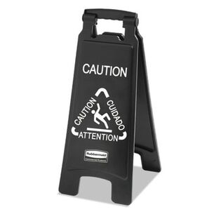 CLEANING CARTS | Rubbermaid Commercial 1867505 Executive 2-Sided 10-9/10 in. x 26-1/10 in. Multi-Lingual Caution Sign - Black/White