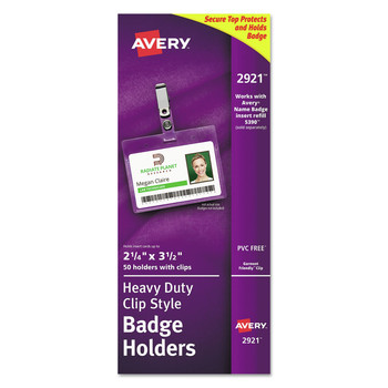 LABELS AND LABEL MAKERS | Avery 02921 Secure Top Heavy-Duty 2-1/4 in. x 3-1/2 in. Landscape Clip Style Badge Holders - Clear (50-Piece/Box)