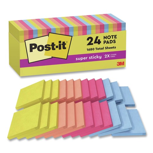 Back to School Sale! Save an additional 15%! | Post-it Notes Super Sticky 654-24SSJOY-CP 3 in. x 3 in. Note Pads - Summer Joy Collection Colors (24/Pack) image number 0