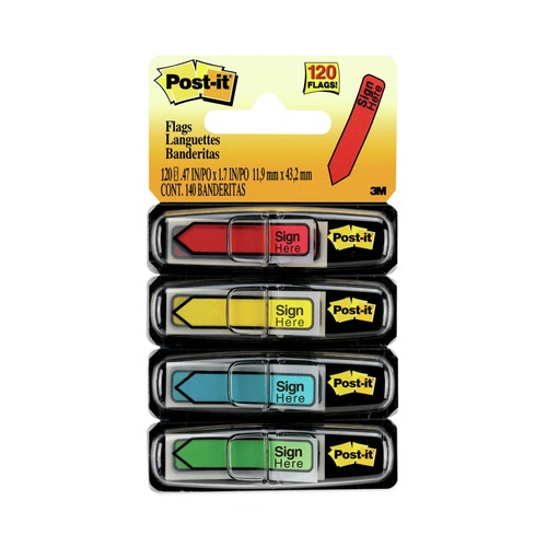Page Flags | Post-it Flags 684-SH Arrow Message 0.5 in. Sign Here Page Flags with Dispensers - Assorted Primary (120/Pack) image number 0