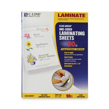 C-Line 65001 9 in. x 12 in. 2 Mil. Cleer Adheer Self-Adhesive Laminating Film - Gloss Clear (50/Box)