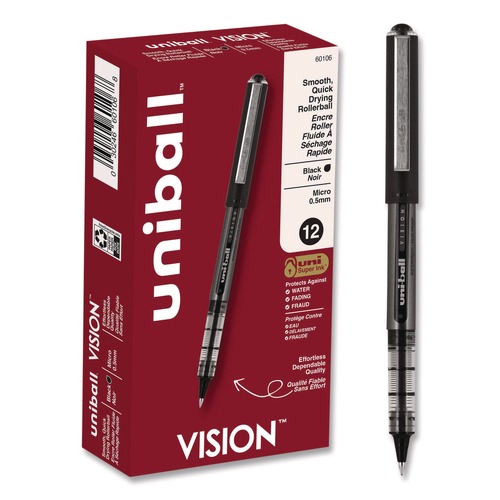 Pens | uni-ball 60106 VISION Extra-Fine 0.5 mm Stick Roller Ball Pen - Black Ink Gray/Black/Clear Barrel (1-Dozen) image number 0