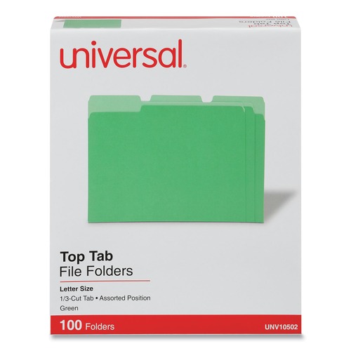 File Folders | Universal UNV10502 1/3-Cut Tabs Deluxe Colored Top Tab File Folders - Letter Size, Green/Light Green (100/Box) image number 0