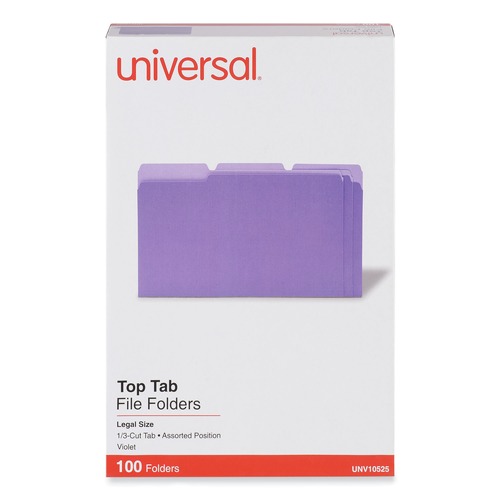 File Folders | Universal UNV10525 Legal Size Deluxe 1/3-Cut Colored Top Tab File Folders - Violet/Light Violet (100/Box) image number 0