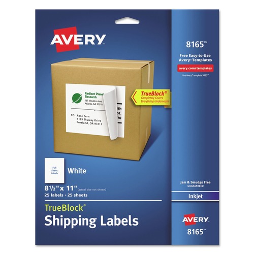 Labels | Avery 08165 8.5 in. x 11 in. Shipping Labels with TrueBlock Technology for Inkjet Printers - White (25/Pack) image number 0