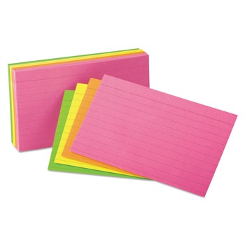 FLASH CARDS | Oxford 40279 3 in. x 5 in. Ruled Index Cards - Glow Green/Yellow Orange/Pink (100/Pack)