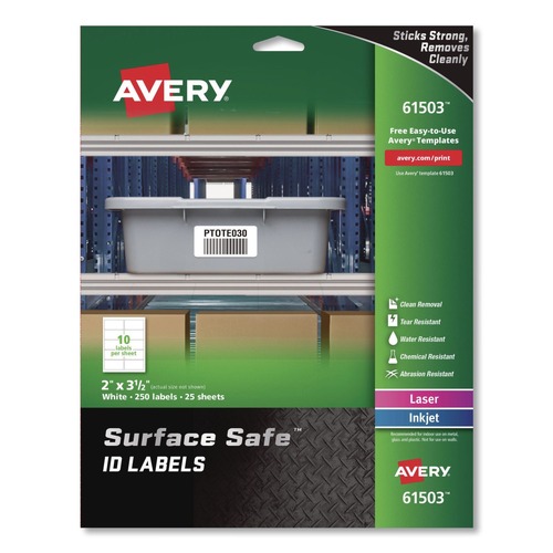 Labels | Avery 61503 Surface Safe 2 in. x 3.5 in. Inkjet/Laser Printers ID Labels - White (250/Pack) image number 0