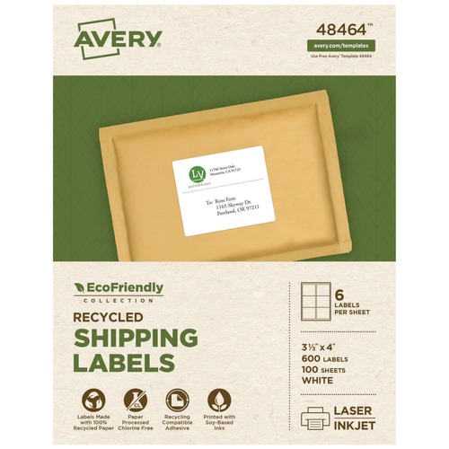Labels | Avery 48464 3.33 in. x 4 in. EcoFriendly Mailing Labels for Inkjet/Laser Printers - White (6/Sheet, 100 Sheets/Box) image number 0