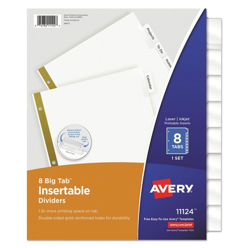 Back to School Sale | Avery 11124 Big Tab 11 in. x 8.5 in. 8-Tab Double-Sided Gold Edge Reinforcing Insertable Dividers - Clear Tabs/White (1-Set) image number 0