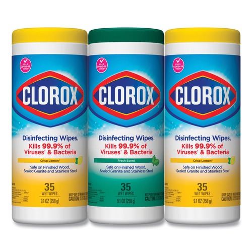 Hand Wipes | Clorox 30112 7 in. x 8 in. 1-Ply Disinfecting Wipes - Fresh Scent/Citrus Blend, White (35/Canister, 3 Canisters/Pack) image number 0