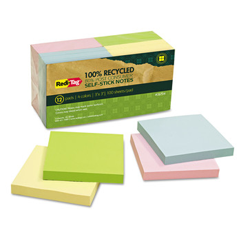 PAPER AND PRINTABLES | Redi-Tag B26704 3 in. x 3 in. 100 Percent Recycled Self-Stick Notes - Assorted Pastel Colors (12/Pack)