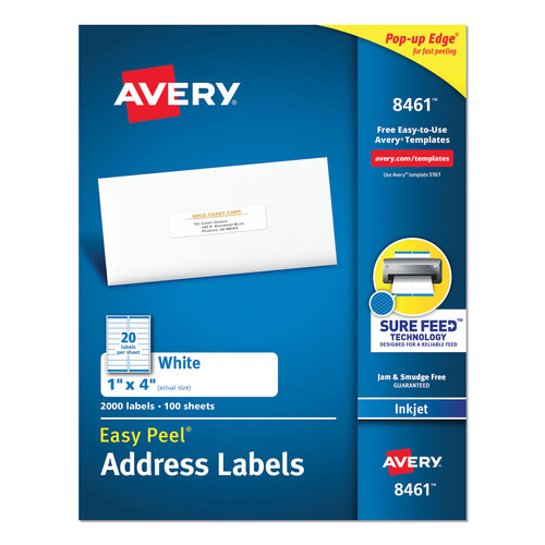 Labels | Avery 08461 1 in. x 4 in. Easy Peel White Address Labels with Sure Feed Technology - White (2000/Box) image number 0