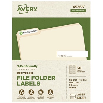Avery 45366 0.66 in. x 3.44 in. EcoFriendly Permanent File Folder Labels - White (30/Sheet, 50 Sheets/Box)