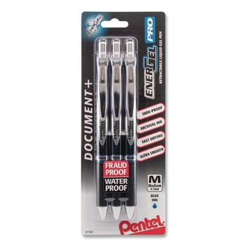 Pentel BLP77BP3C 0.7 mm Medium EnerGel PRO Hybrid Retractable Gel Pen - Blue Ink, Black Barrel (3/Pack)