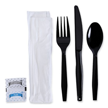 CUTLERY | Boardwalk BWKFKTNSMWPSBLA 6-Piece Condiment/Fork/Knife/Napkin/Teaspoon Cutlery Kit - Black (250/Carton)