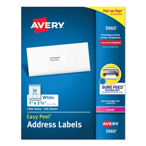 Just Launched | Avery 05960 1 in. x 2.63 in. Laser Printers Easy Peel White Address Labels with SureFeed Technology - White (7500/Box) image number 0