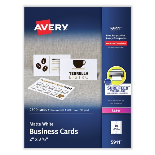 Back to School Sale | Avery 05911 2 in. x 3.5 in. Printable Microperforated Business Cards with Sure Feed Technology for Laser Printers - White (2,500 Cards, 10/Sheet, 250 Sheets/Box) image number 0