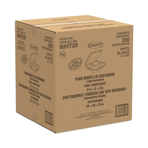 Just Launched | Dart 90HT3R 9 in. x 9.4 in. x 3 in. 8 oz. 3-Compartment Foam Hinged Lid Container - White (200/Carton) image number 0