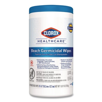PRODUCTS | Clorox Healthcare 30577 6 in. x 5 in. 1-Ply Bleach Germicidal Wipes - Unscented, White (150/Canister)