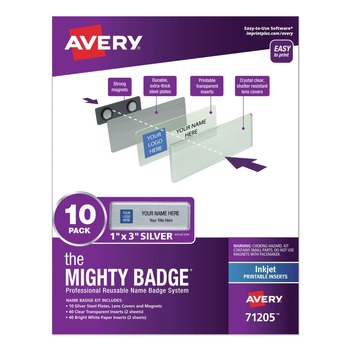 Avery 71205 The Mighty Badge 3 in. x 1 in. Horizontal Inkjet Name Badge Holder Kit - Silver (10/Pack)