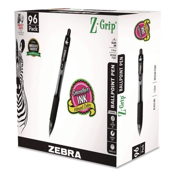 Zebra 22196 1 mm Z-Grip Retractable Ballpoint Pen - Medium/Black Ink/Clear/Black Barrel (96/Pack)