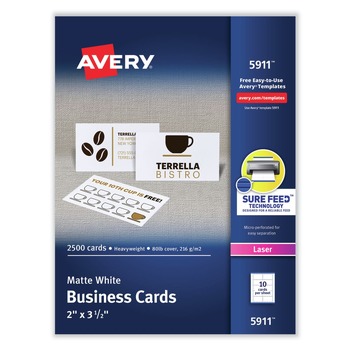 Avery 05911 2 in. x 3.5 in. Printable Microperforated Business Cards with Sure Feed Technology for Laser Printers - White (2,500 Cards, 10/Sheet, 250 Sheets/Box)