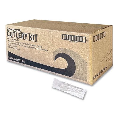 Cutlery | Boardwalk BWK3KITWHPS 3-Piece Mediumweight Fork/Knife/Teaspoon Cutlery Kit - White (250/Carton) image number 0