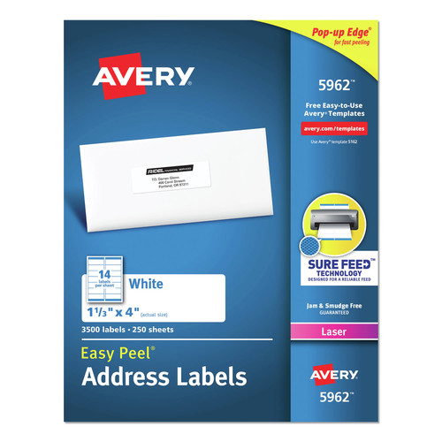 Labels | Avery 05962 Easy Peel 1.33 in. x 4 in. Address Labels with Sure Feed Technology - White (3500/Box) image number 0