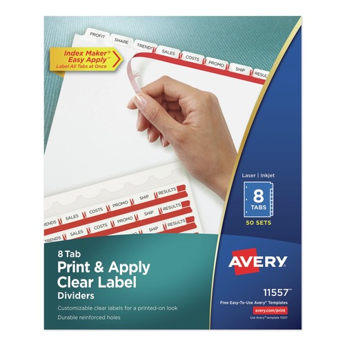 Dividers & Tabs | Avery 11557 Index Maker 11 in. x 8.5 in. 8-Tab Print and Apply Clear Label Dividers - White (50/Box) image number 0