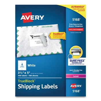 Avery 05168 3.5 in. x 5 in. Shipping Labels with TrueBlock Technology for Laser Printers - White (4/Sheet, 100 Sheets/Box)