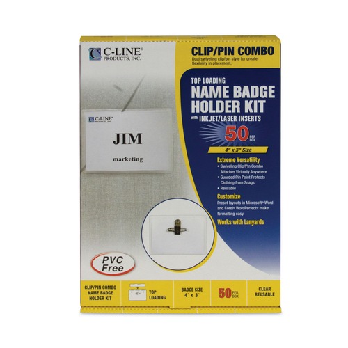 Label & Badge Holders | C-Line 95743 4 in. x 3 in. Top Load Combo Clip/Pin Name Badge Kits - Clear (50/Box) image number 0