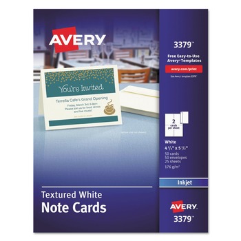 Avery 03379 4.25 in. x 5.5 in. 65 lbs. Inkjet Note Cards with Matching Envelopes - Textured Uncoated White (50 Cards, 2 Cards/Sheet, 25 Sheets/Box)