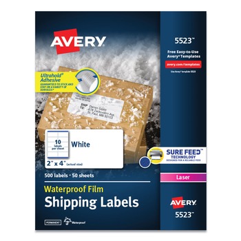 Avery 05523 Waterproof 2 in. x 4 in. Address Labels for Laser Printers - White (10/Sheet, 50 Sheets/Pack)