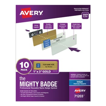LABEL AND BADGE HOLDERS | Avery 71203 The Mighty Badge 3 in. x 1 in. Horizontal Inkjet Name Badge Holder Kit - Gold (10/Pack)
