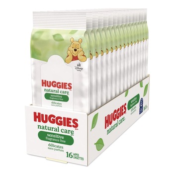 HAND WIPES | Huggies 40706 6.6 in. x 6.86 in. Natural Care Sensitive Baby Wipes - Unscented, White (16/Pack)