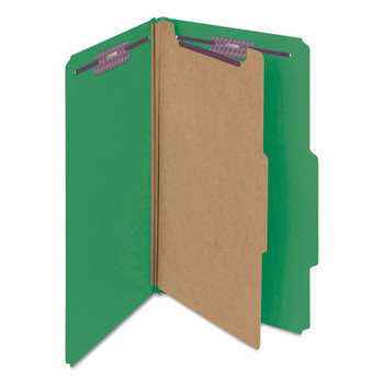 Smead 18733 Four SafeSHIELD Fasteners 1 Divider Legal Size Four-Section Pressboard Top Tab Classification Folders - Green (10/Box)