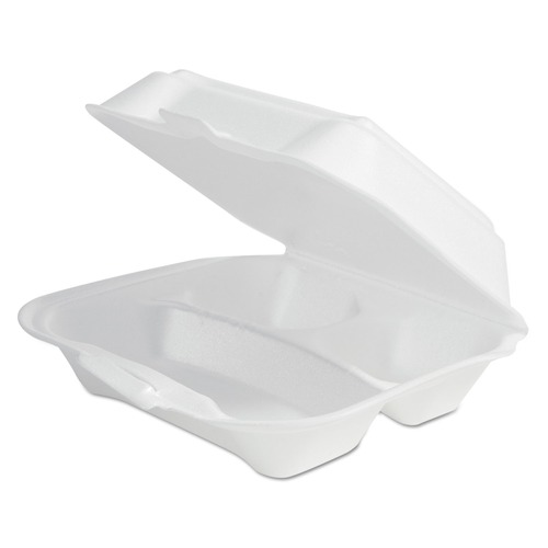 Food Trays, Containers, and Lids | Plastifar 12039 7.81 in. x 8.75 in. x 3.38 in. Secure One Tab Latch 3 Compartments Foam Hinged Lid Container - White (200/Pack) image number 0