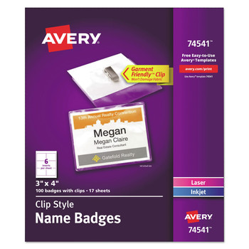 Avery 74541 4 x 3 Top-Load Clip-Style Name Badge Holder with Laser/Inkjet Insert - White (100/Box)