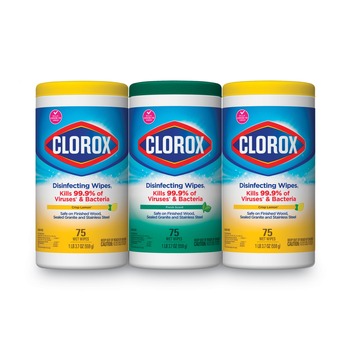  | Clorox 30208 3-Piece Disinfecting Wipes, 7 X 8, Fresh Scent/citrus Blend, 75/canister