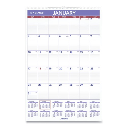 Bulletin Boards | AT-A-GLANCE PM4-28 20 in. x 30 in. 12-Month (Jan-Dec 2026) Monthly Wall Calendar with Ruled Daily Blocks - White Sheets image number 0