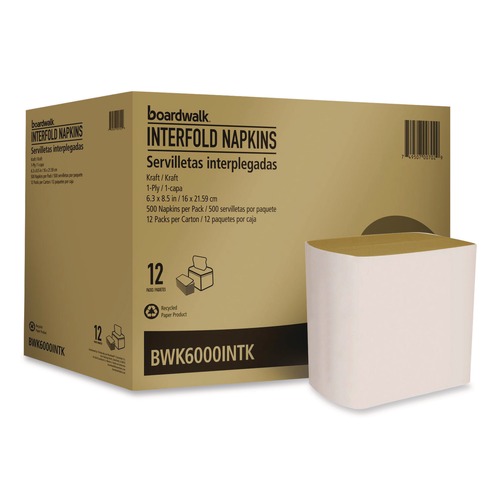 Paper Towels and Napkins | Boardwalk BWK6000INTK 6.3 in. x 8.5 in. 1-Ply Interfold Napkins - Kraft (12/Carton) image number 0