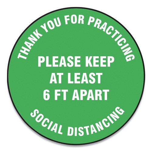 Floor Signs & Safety Signs | GN1 MFS425ESP 17 in. Circle "Thank You For Practicing Social Distancing Please Keep At Least 6 ft. Apart" Slip-Gard Floor Signs - Green (25/Pack) image number 0