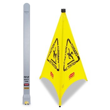 Rubbermaid Commercial FG9S0100YEL 3-Sided Fabric 21 in. x 21 in. x 30 in. Multilingual Pop-Up Wer Floor Safety Cone - Yellow