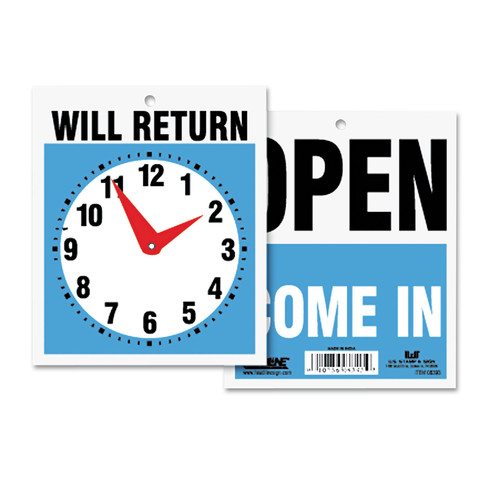 Floor Signs & Safety Signs | Headline Sign 9382 7.5 in. x 9 in. Plastic Double-Sided Open/Will Return Sign with Clock Hands image number 0